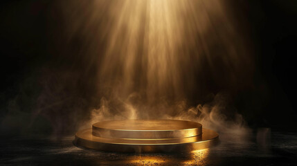 Fototapeta na wymiar Golden podium on a dark background with smoke. Empty pedestal for the award ceremony. The platform is illuminated by spotlights. Made with generative ai
