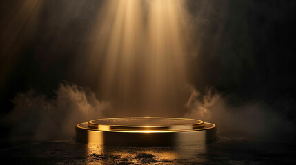 Golden podium on a dark background with smoke. Empty pedestal for the award ceremony. The platform is illuminated by spotlights. Made with generative ai