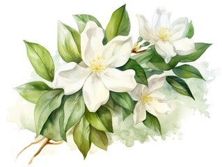 Watercolor Jasmine Isolated, Aquarelle Spring Blossom, Creative Watercolor White Jasmine Flowers on White