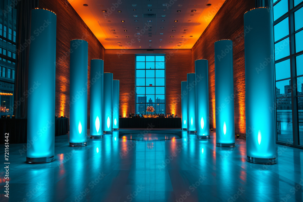 Poster a corporate event with teal gels, adding a modern and professional touch to the space. concept of co