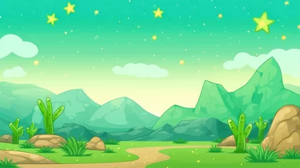 Tafelkleed cartoon desert surface with mountains, rocks, deep cleft and stars shine on green sky. © chesleatsz