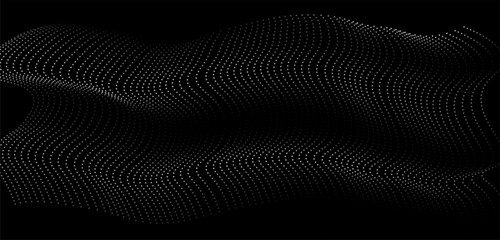 Flowing dots particles wave pattern white light isolated on black background. Vector in concept of technology, science, music, modern. Vector illustration