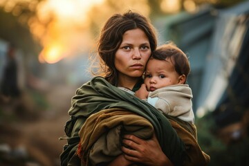 Young homeless woman holds baby in her arms. baby on the street. Refugee camp, place of temporary refuge, integration of migrants and immigrants, Generative AI - obrazy, fototapety, plakaty