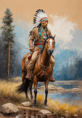 Impressionism painting . Artistic drawing of A native american on horse. artist canvas art oil painting collection for decoration and interior. wall art - obrazy, fototapety, plakaty