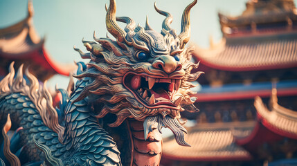 closeup of head Dragon statue in chinese temple, vintage color tone style