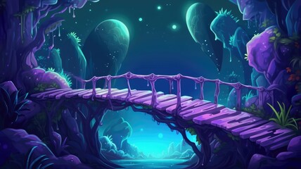 cartoon illustration Fantasy background with log bridge above precipice between cliffs in jungle and alien planet in night sky.