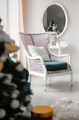 Home decor concept. Comfortable wicker furniture, rattan armchair