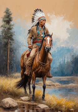 Impressionism painting . Artistic drawing of A native american on horse. artist canvas art oil painting collection for decoration and interior. wall art