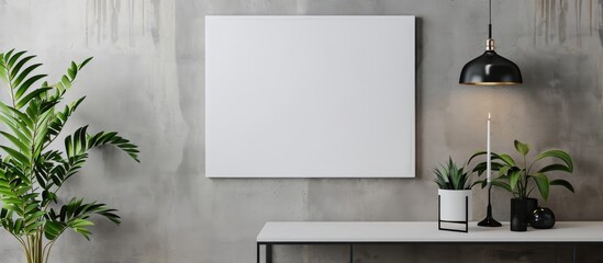 Empty white canvas hanging over table with plant. - obrazy, fototapety, plakaty