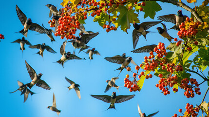 Flock of swallows on rowan tree