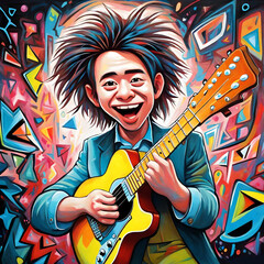 A very cute adorable rock star playing a guitar.  a very funny weird cartoon character with psychedelic glowing luminescent coloring painting. acrylic on canvas