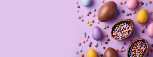 Easter chocolate eggs with colorful candy on a lavender background, festive seasonal display. Space for text