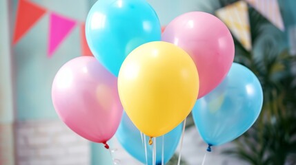 A bunch of colorful balloons in blue, yellow, red, and white hues for a home birthday party