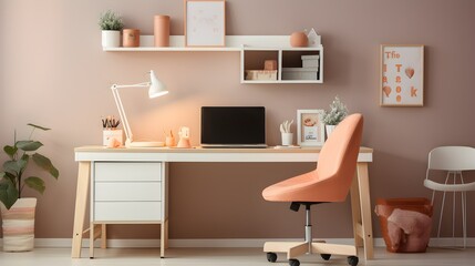 A well-lit home office space with chic peach pastel decor, a comfortable workspace, and lush plants by a large window.