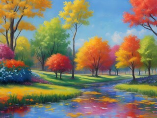 Fantasy landscape, colorful forest with river