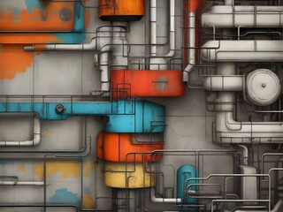 Industrial background, colorful pipes on concrete wall