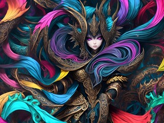 Dark fantasy woman warrior with colorful armor, mystery lady