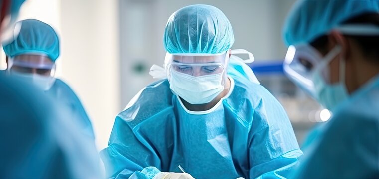 Surgeon at Operating Room, Male Doctor Tying Mask, Surgical Hospital, Generative AI Illustration