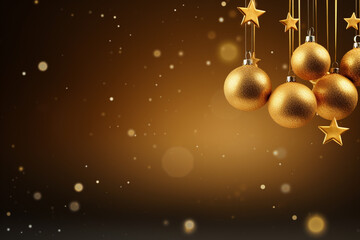 Christmas background with gold baubles and stars. 
