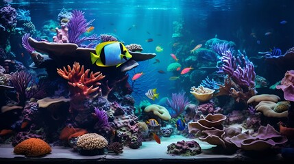 Obraz na płótnie Canvas Underwater Wonderland Aquarium Nestled on a Rock Amid Colorful Fish Corals and Algae