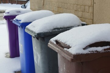 snow on a row of garbage bins