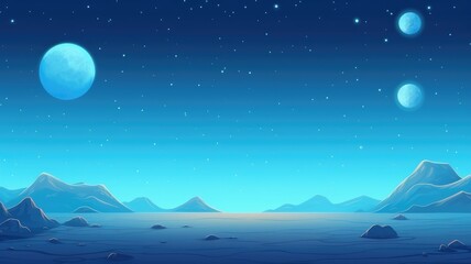 cartoon fantastic planet blue surface illustration, landscape under a starry sky.