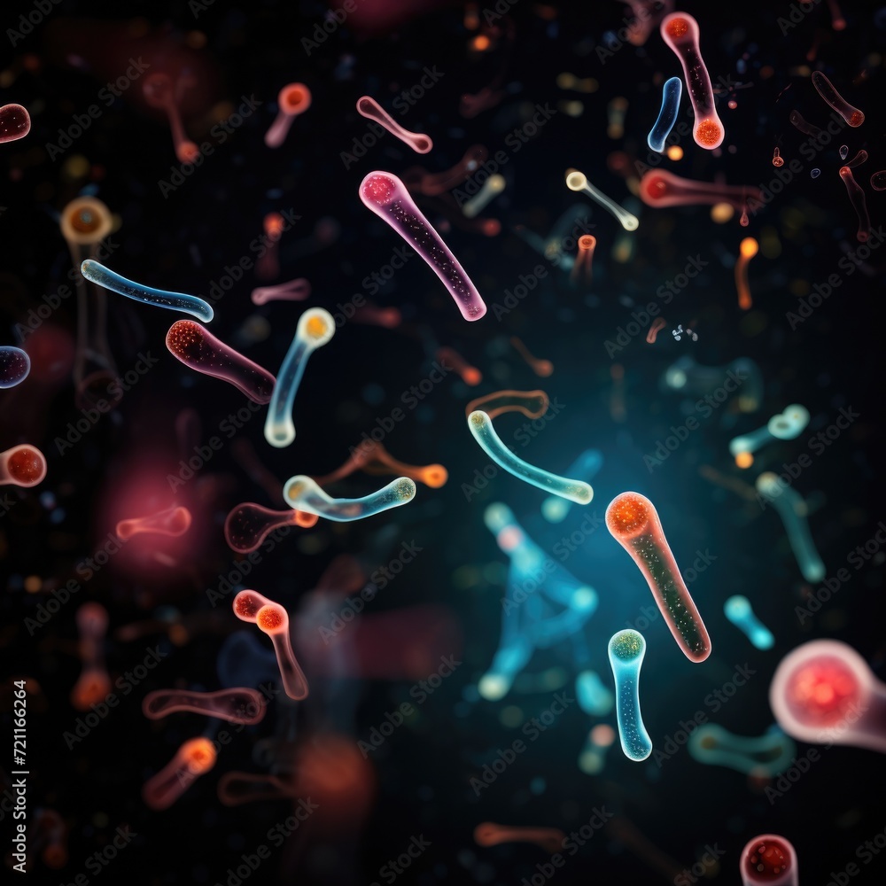 Poster a group of colorful bacteria floating in the air. generative ai.