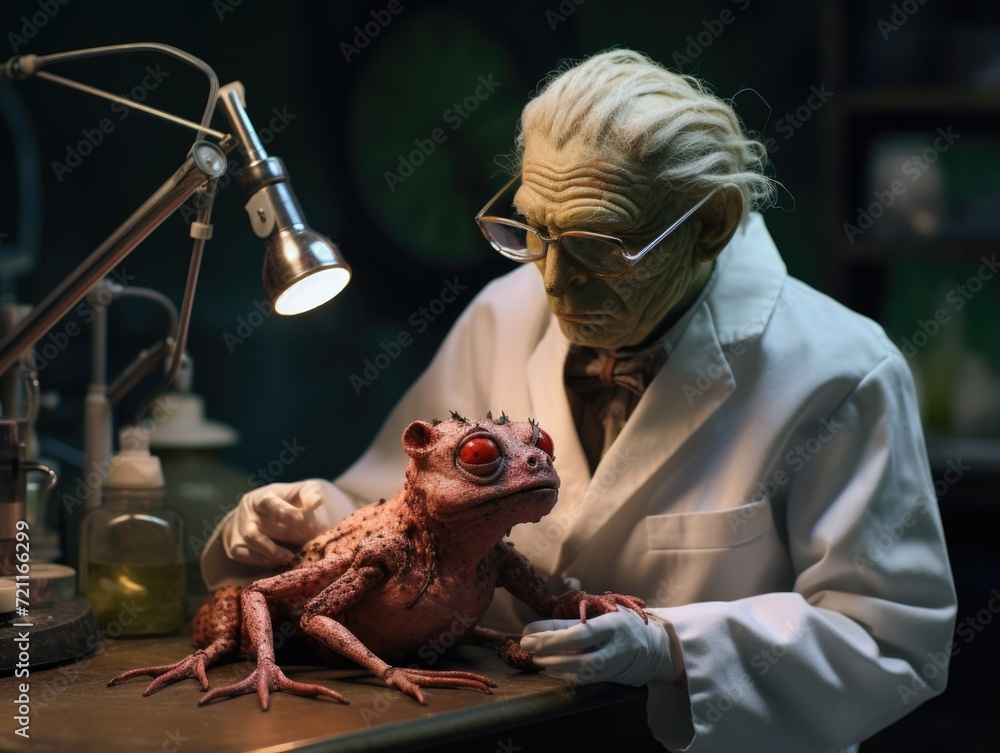 Poster a crazy scientist in a lab coat is holding a genetically modified frog. generative ai.