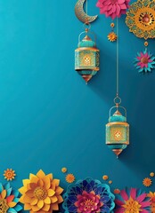 eid al-fitr poster template with pattern mandal and ramadan lamp- Ramadan poster beautiful background