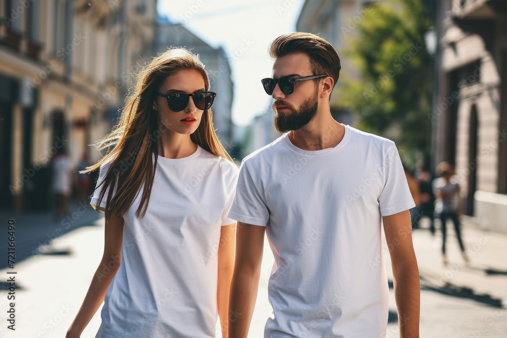 Wall mural Two young man and woman, couple in sunglasses wearing white t-shirt and sunglasses walking in street. Tshirt mockup for design, Generative AI