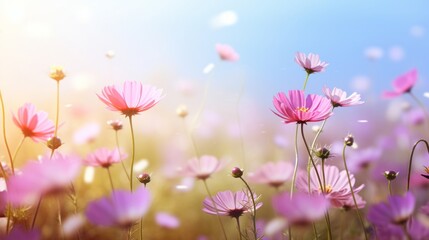 Obraz na płótnie Canvas Vibrant pink cosmos flowers flourishing under a soft, sunlit blue sky.