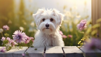 A small white dog with a fluffy coat sitting peacefully among garden flowers.