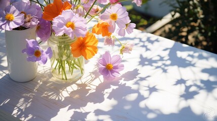 Beautiful cosmos flowers in a vase and jar on a sunlit table creating shadows.