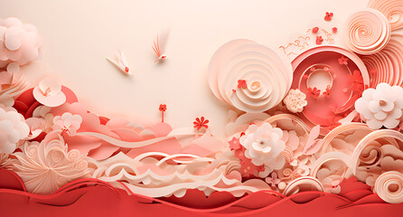 Chinese paper background with clouds and flower over white and red background