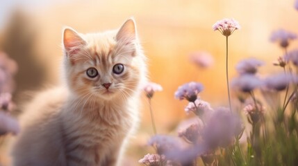 Naklejka na ściany i meble Cute ginger kitten with blue eyes in a field of purple flowers.