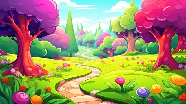 cartoon landscape with colorful trees, a winding path, and bright flowers.