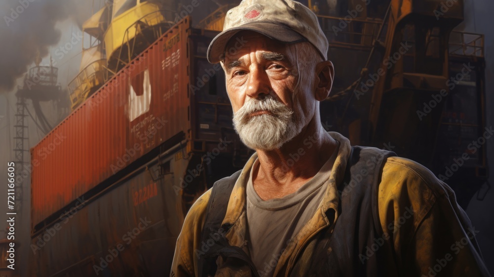 Poster the man in the hat is standing in front of a ship. generative ai.