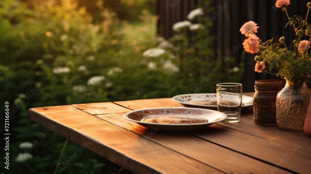 Poster a table with two plates and a vase of flowers. generative ai.