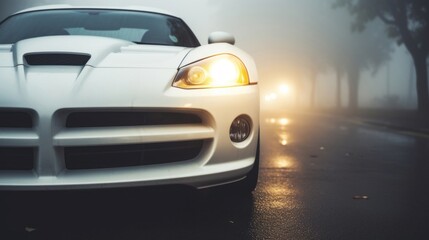 A white sports car's headlights shining through fog on an empty road.