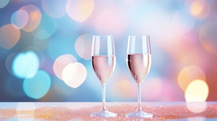 Two champagne glasses on sparkling glitter surface with vibrant bokeh light backdrop, festive and elegant.