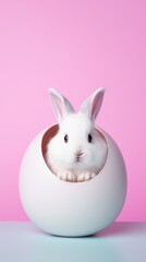 A charming white rabbit peeks out from a cracked egg against a pink background, symbolizing new beginnings or Easter.