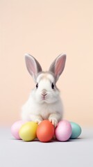 Fototapeta na wymiar A cute white and brown bunny sits behind a row of pastel-colored Easter eggs on a soft peach backdrop.