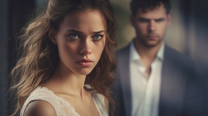 A young woman with a serious expression stands in focus with a blurred man in the background, suggesting tension or drama.