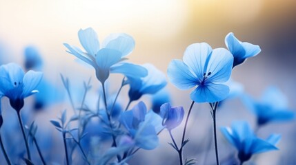 Delicate blue linen flowers bloom against a soft-focus background, highlighted by a gentle, glowing light.