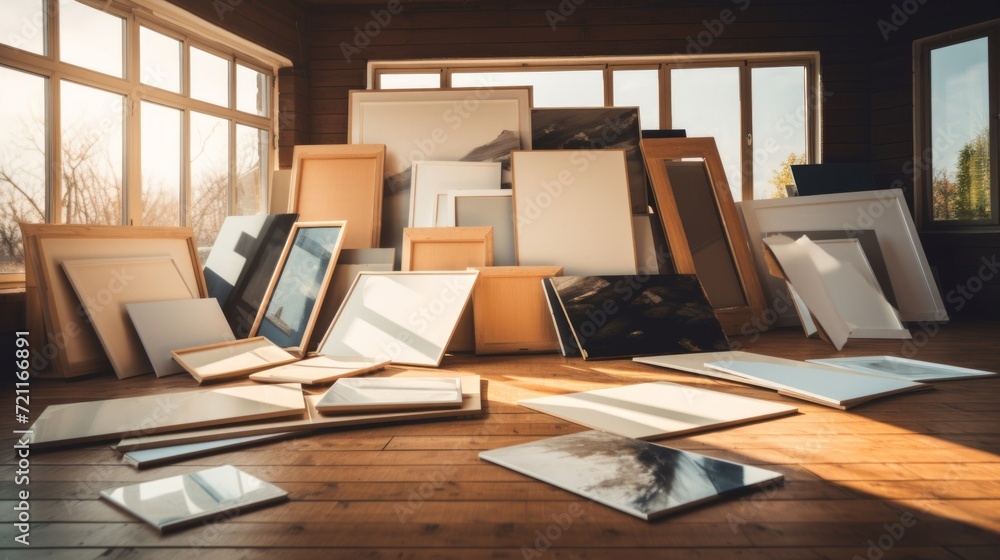 Poster sunlight streams into a cozy room filled with various empty picture frames leaning against the wall.