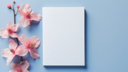 Delicate pink flowers beside a blank white canvas on a serene blue background.