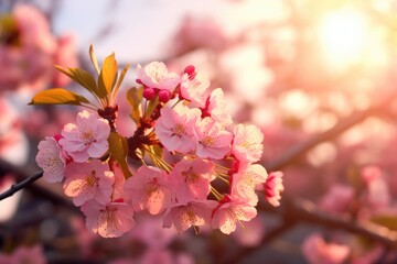 Spring blossom background with blooming tree and sun flare.