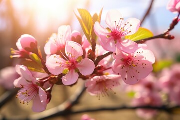 Naklejka premium Spring blossom background with blooming tree and sun flare.