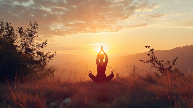 yoga in the morning, a calming image of a person practicing yoga at sunrise, symbolizing peace and mental well-being