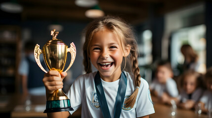 A joyful young girl holding a trophy aloft, proud and excited about her win, wearing a sports uniform.
